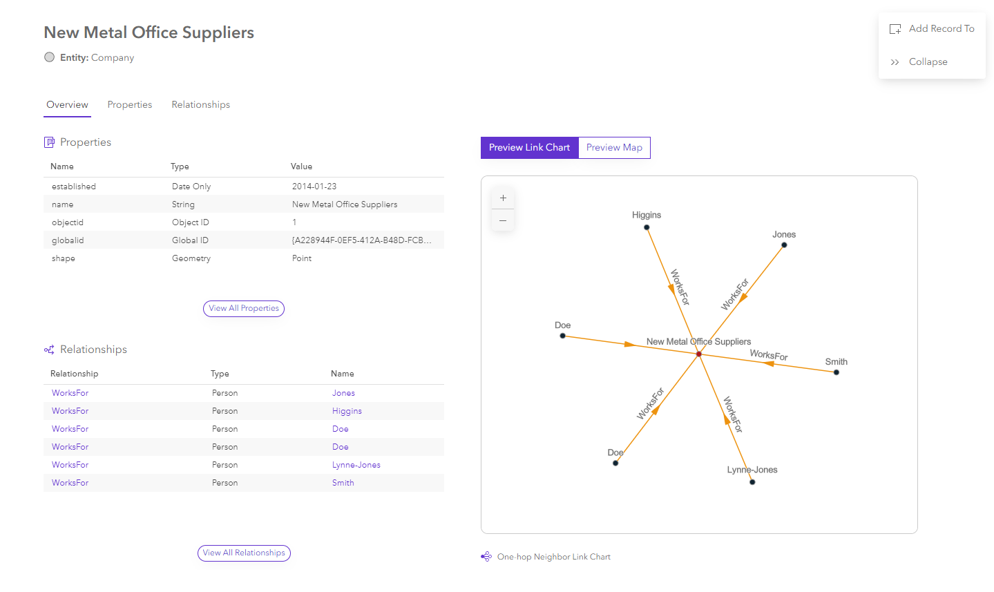 Overview tab of an entity data card Overview tab of an entity data card
